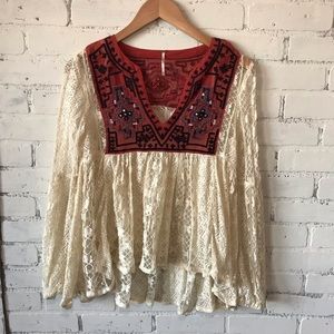 Free People Cream Flowy Lace Top with Red Embroidery